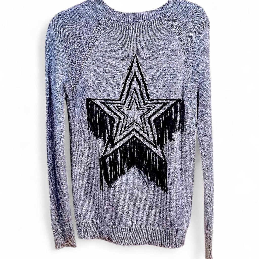 Rebecca Minkoff Tasseled Fringe Star Wool Blend Knit Pullover Sweater Gray Small
